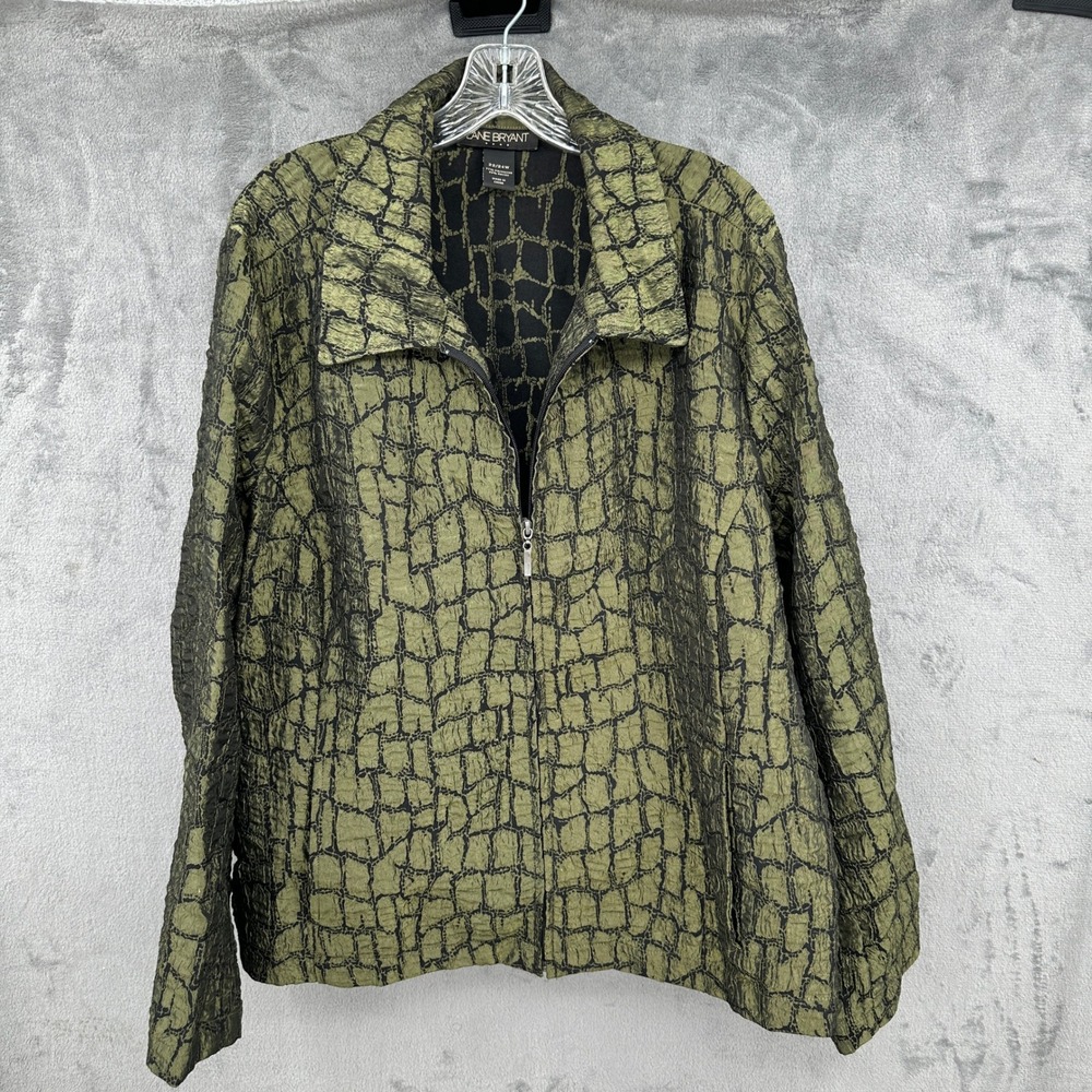 Lane Bryant Womens 22 24W Green Black Textured Crocodile Print Zip Up Jacket